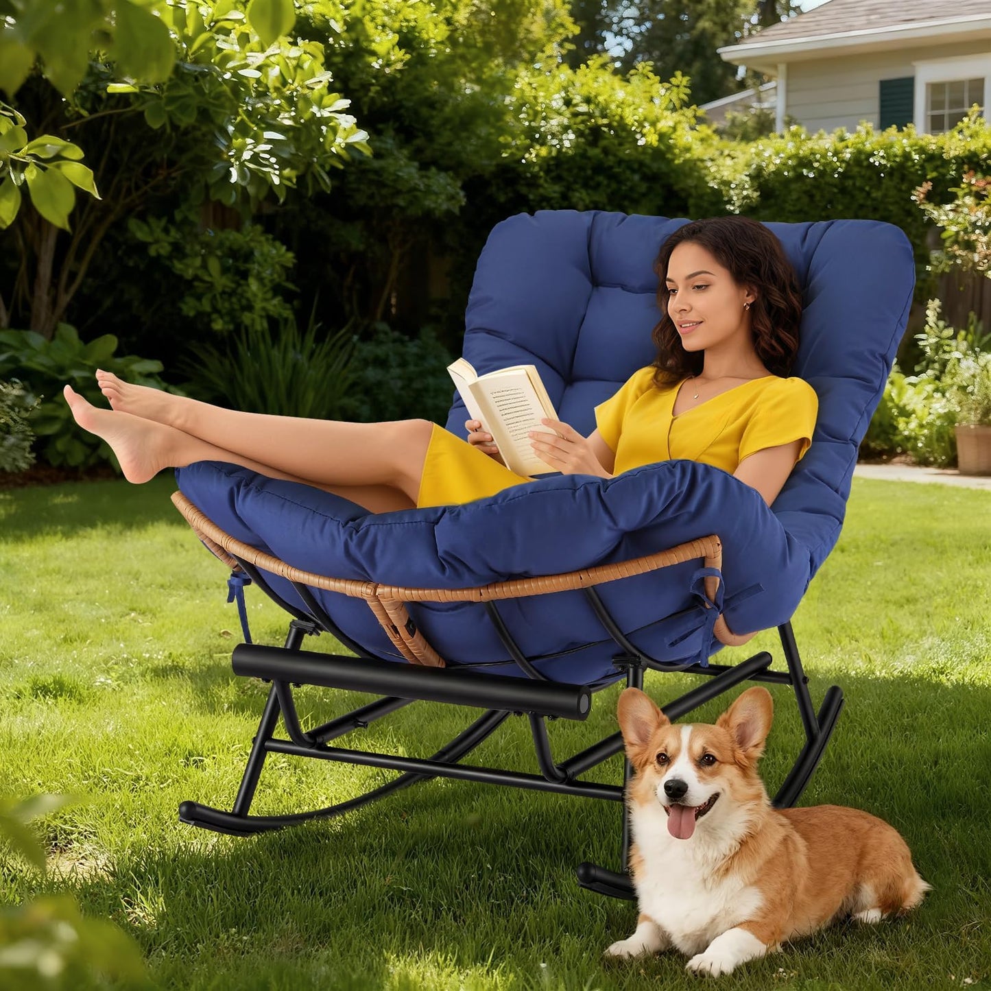 GAOMON Papasan Rocking Chair with Foot Rest, Papasan Chair with Thick Removable Cushion and Metal Frame, Lounge Chairs and PE Rattan Rocker for Patio, Garden, Lawn, Living Room and Relaxation Space