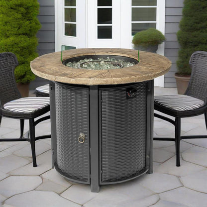 GDFStudio 30" Round Propane Fire Pit Table, 50000 BTU Outdoor Gas Heater with Faux Wood Grain Top & Glass Beads, for Patio Deck Garden Backyard, Black