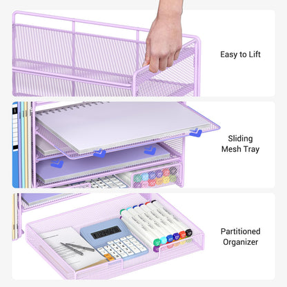 OPNICE Desk Organizer, 5-Tier Paper File Organizer with Drawer & Pen Holder, Office Desk Accessories, Workspace Desktop Organizer for Office Supplies(Purple)