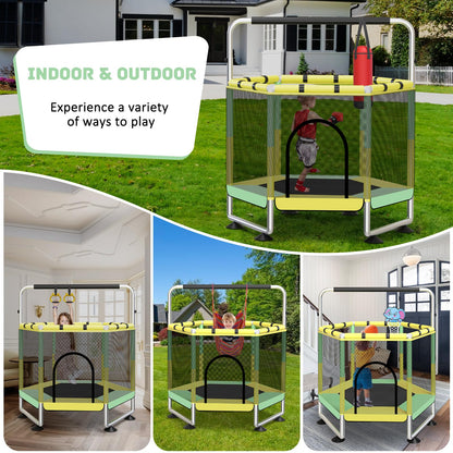 60" Trampoline for Kids, Upgrade Full Anti-Rust 440lbs Indoor Outdoor Toddler Trampoline with Net, Adjustable Trampolines with Anti-Rollover Bottom, Birthday Gifts for Boys & Girls
