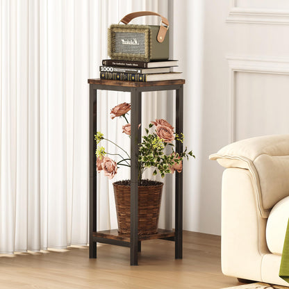 Homeiju 2-Pack Plant Stand Indoor, 2 Tier Wood Corner Plant Stand, Modern Square Plant Shelf Flower Stand for Living Room Patio Balcony Garden, Rustic Brown
