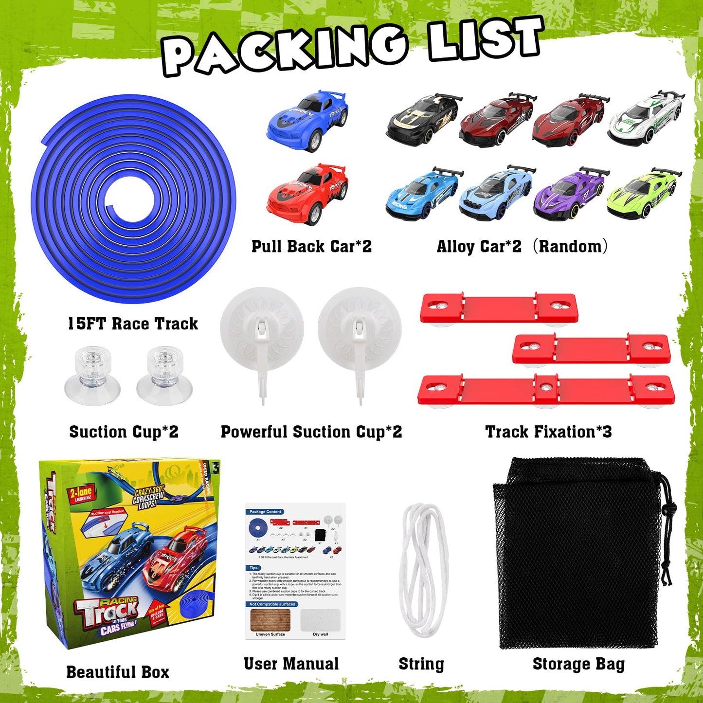 Wupuaait Flexible Race Car Track for Kids, 15Ft Race Track Toy with 4 Cars and Suction Cups, Rolls Up Portable Racetrack Compatible with All 1:64 Cars Toys, Birthday Gifts Toys for Boys Girls