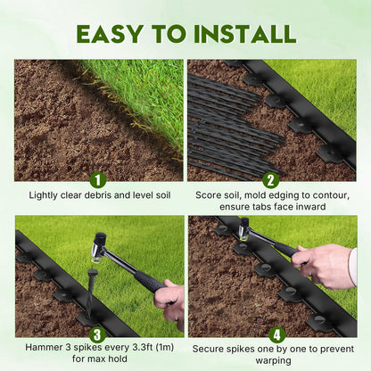 No Dig Landscape Edging 33FT, 4 Inch Plastic Edging for Landscaping with 100 Spikes, for Garden, Lawn, Flower Beds and Yard, Black