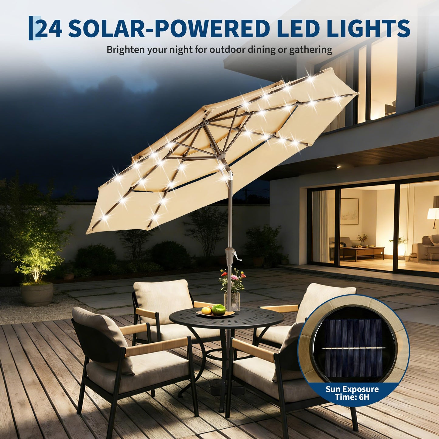 Garvee 9ft Patio Umbrella with Solar Lights, 3-Tier Patio Table Umbrella Outdoor with LED Lights, Ventilation, Easy Crank & Tilt, 8 Sturdy Ribs, UV Protection, Large Patio Umbrella for Deck, Pool