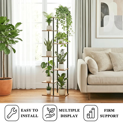 JEPRECO Plant Stand Indoor 7 Tier 8 Potted Metal Wood Plant Shelf, Multiple Flower Pots Corner Tall Plant Holder Stands for Living Room Balcony Bedroom, Rustic Brown