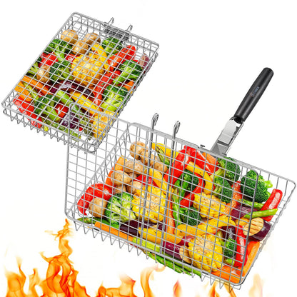 Nesting Grill Baskets, 2PCS Grilling Baskets for Outdoor with Removable Handle, Stainless Steel BBQ Camping Cooking Accessories Tools for Meat Steak Fish Vegetable Shrimp, Gifts for Men Dad Husband