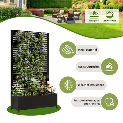 Metal Planter Box with Trellis and Wheels, 73"x35"x16" Galvanized Steel Raised Garden Bed with Drainage Holes and Privacy Screen Function for Climbing Plants, Vegetables, Flowers, and Vines–Black