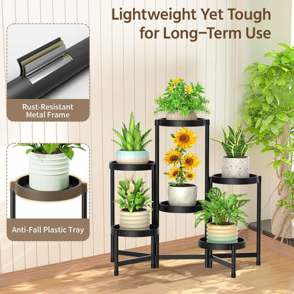 LASZOLA 6 Tiered Plant Stand Indoor Outdoor with Plastic Tray, Corner Folding Tall Flower Display Rack, Modern Plant Holder Shelf for Outdoor Patio Porch Garden Office Living Room, Black