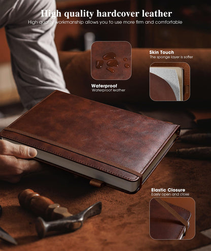 Lined Leather Journal Notebook for Men Women, Hardcover Journals with 256 Numbered Pages, A5 Journaling Notebooks for Writing, 100GSM Thick Ruled Paper for Business Work School 5.75"×8.38", Brown