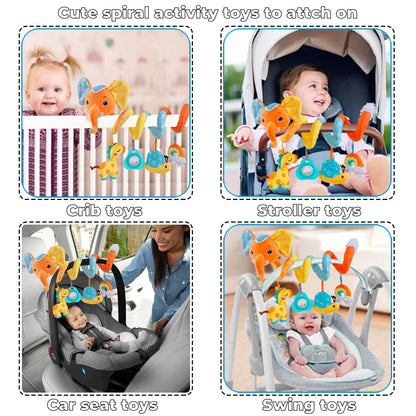 Car Seat Toys for Baby, Spiral Activity Stroller Toy for Infants 0-6 Months, Hanging Baby Toys Crib for Newborn 0 3 6 12 Months Developmental Toy with Music Box Rattle Squeaker- Orange Elephant