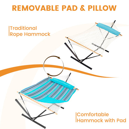 Lazy Daze Hammocks 2 Person Portable Hammock with 12FT Stand, Double Hand Woven Cotton Rope Hammock with Detachable Quilted Pad & Pillow for Outside, 450lb Capacity, Blue Stripes
