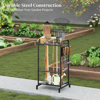 PULIJIAJU Garden Tools Organizer Rack, Yard Tool Rack, Heavy Duty Steel Yard Tool Organizer and Storage Holder Broom Holder for Shed, Patio, Outdoor (Rack with Hooks)