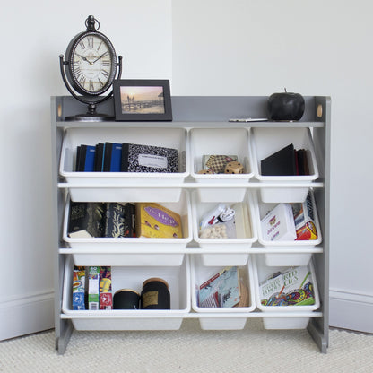 Humble Crew Toy Storage Organizer with Top Shelf and 9 Removable Bins, Grey/White – Toddler Bookshelf with Toy Organizer - Modern Toy Rack Ideal for Kids' Rooms, Playrooms, and Nurseries