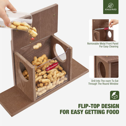 Kingsyard Squirrel Feeder Box for Outside, Recycled Plastic Squirrel Feeder Box with Corn Cob Holders, Easy to Refill & Clean, Weather-Proof (Brown)