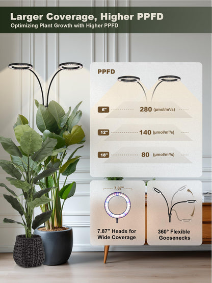 GLOWRIUM 48W LED Dual-Head Grow Light for Indoor Plants, 23.5-71" Adjustable Height, 3-Growing Full Spectrum for Tall Plant Light, 3/9/12/16H Timer, 6-Level Dimming, Ideal for Large Tall Plants