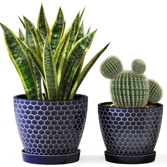 Docrin Blue Honeycomb Ceramic Plant Pot Set - 6.6"+5.5" Inch, Modern Decorative Planters with Drainage Holes & Saucers for Indoor/Outdoor Home Office