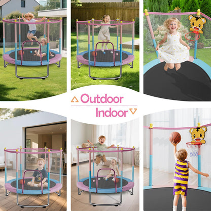 55" Kids Trampoline with Safety Net – 440lbs Capacity, Upgraded Rust-Proof Ring Legs, Adjustable Gymnastics Bar & Toys – Indoor Outdoor Toddler Trampoline for Boys & Girls Ages 1-8 (Pink)