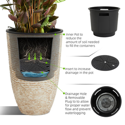 Worth Garden 21" H Beige Tall Planters set of 2 with Inside Pots - 14'' Dia Plastic Large Round Plant Tree Pots with Drain Hole - Decorative Imitation Stone Finish for Indoor Outdoor Front Porch Patio