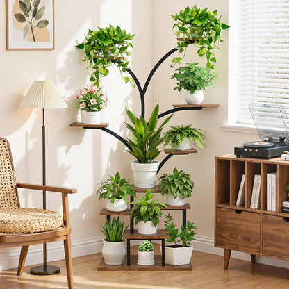 VECELO Plant Stand with LED Light, 10-Tier Indoor Plant Shelf with Supplemental Lighting, Metal Frame & Wood Shelves with Hanging Hooks, Space-Saving Plant Rack for Living Room or Corner Display