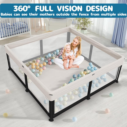 Semoprus Baby Playpen, Portable Indoor Outdoor Play Area with Balls, Beige, 50x50x27 Inch, Quick Fold Design, Mesh Safety Panels, for 0-36 Months