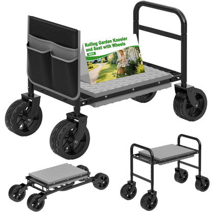 NIUXX Garden Kneeler and Seat with 360° Wheels: 3-in-1 Rolling Garden Stool with Extendable Legs - Foldable Garden Seat with Thick Pad & Tool Pouches - Heavy Duty Gardening Bench for Seniors