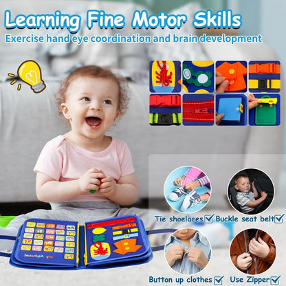 Toddler Busy Board, Montessori Toys for Boys, Sensory Board Birthday Gifts - Educational Busy Book, Learning toys for Toddlers, Preschool Learning Activities and Travel Toys for Airplane Car, Blue
