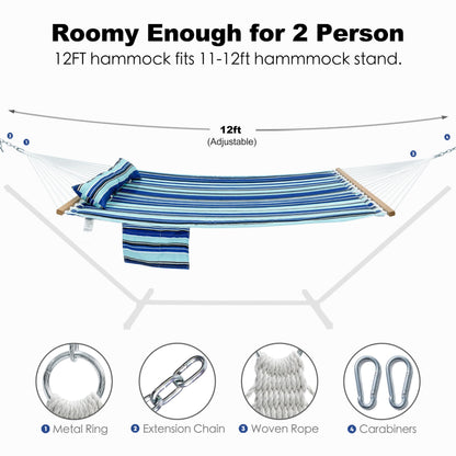 GAFETE Hammock 2 Person Quilted Fabric Hammocks for Outside, Double 12ft Hammocks with Spreader Bar, Large Removable Pillow, Storage Bag, Carabiners, Max 475 lbs Capacity (Catalina Beach)
