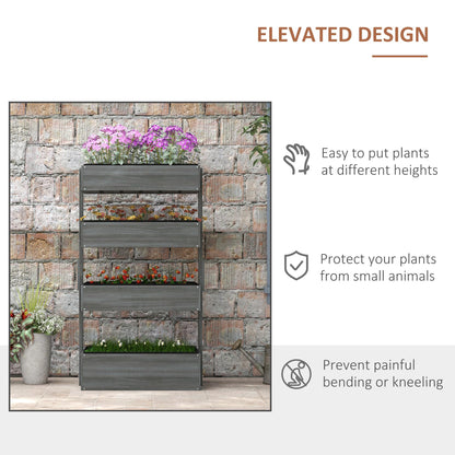 Outsunny Vertical 4 Tier Raised Garden Bed, Wooden Planter Box, Self-Draining with Bed Liner for Indoor Outdoor Flowers, Vegetables and Herbs, Gray