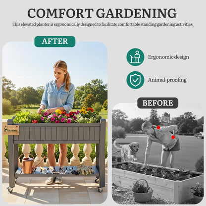 YITAHOME 42.5x17.3x35.4 in Raised Garden Bed, Outdoor Plastic Planter Box with Wheels, Legs, Drain Plug, and Storage Shelf for Plants, Vegetables, Flowers, Herbs, Brown