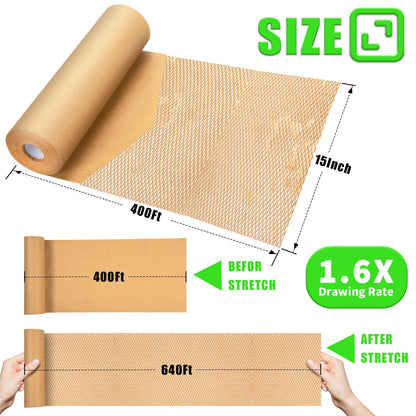Honeycomb Packing Paper, MINHAO 15"x400' Eco Friendly Packing Paper for Moving Recyclable Honeycomb Paper Moving Supplies Bubble Paper Wrapping Protective Roll, With 36 Fragile Sticker Labels