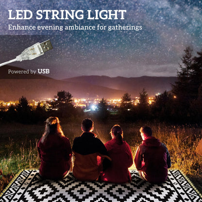 Outsunny Reversible Outdoor Rug Carpet, 12' x 9' Waterproof PP Plastic Straw Rug, Portable RV Camping Mat with LED String Lights, Floor Mat Area, Black and White
