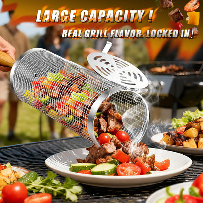 Rolling BBQ Basket for Outdoor Grill: Barbecue Smoker Grilling Baskets for Vegetable, Unique Birthday Christmas Gifts for Men Dad Husband 2pcs