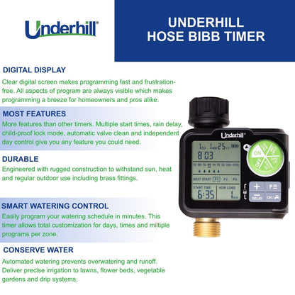 Underhill AquaVision Digital Hose Timer, Dual Zone Automatic Garden Water Timer with LCD Display, Programmable Irrigation Controller for Sprinklers, Drip Systems & Garden Hose Faucets
