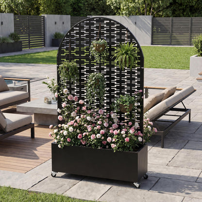 Veemuaro Metal Planter Box with Trellis, 70" H × 46" L Freestanding Outdoor Raised Garden Bed with Privacy Screen, Wheels and Drainage Holes, Arched Privacy Screen Planter Box for Backyard and Garden