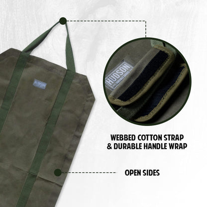 HDG Premium Quality 16oz Waxed Canvas Firewood Bag - 19x19 Inches Water Repellent Fireplace Log Carrier & Firewood Holder with Reinforced Webbed Cotton Straps - Lays Flat to Load - Green Storage Bag