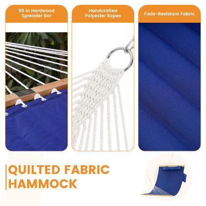 Lazy Daze Hammocks 2 Person Double Quilted Fabric Hammock with Spreader Bar, Detachable Pillow, Side Pocket, Carabiners, Chains, Straps for Outdoor, 450lbs Capacity, Navy Blue