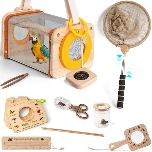 Wooden Bug Catcher Kit for Kids 3-8, 10PCS Outdoor Explorer Set with Bug House, Butterfly Net, Magnifier & Tools, Catch & Release STEM Nature Kit, Non-Plastic Educational Gift for Boys & Girls