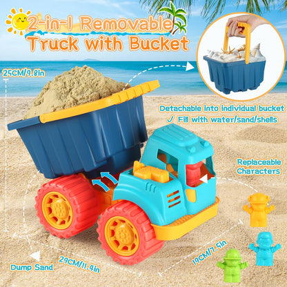 Elovien Beach Sand Toys, Large Dump Truck with Bucket, Sandbox Construction Toy Sand Castle Building Kit with Mesh Bag, Sand Molds, Shovels, Worker Figures, Kids Toddlers Summer Outdoor Travel Toys