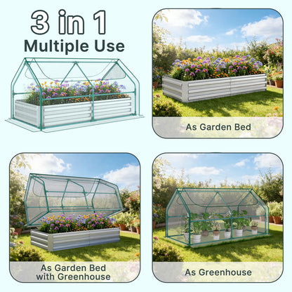Miory Raised Garden Bed with PE Cover, 6x3x1 FT Galvanized Planter Box Outdoor with Greenhouse Cover, 2 Large Zippered Screen Windows for Vegetables, Flowers, Includes Labels & Gloves