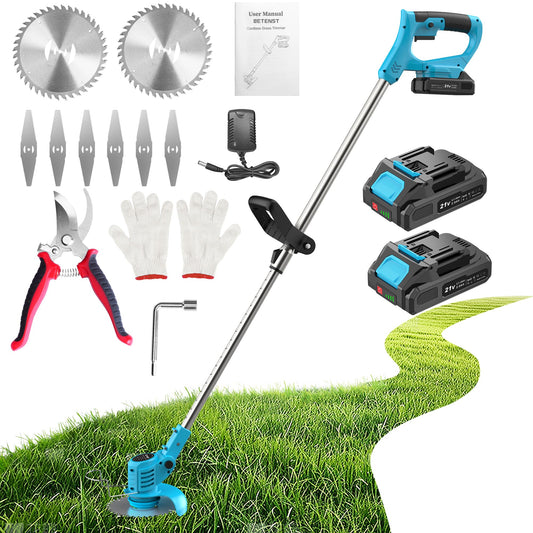 Weed Wacker, Cordless String Trimmer 21V with 2 Batteries 2.0Ah, 2 Types Metal Blades Powered Grass Trimmer, Pruning Shears, Adjustable Pole Weed Trimmer for Garden and Yard Lawn, Blue