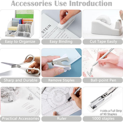 White Office Desk Accessories Supplies, 12pcs Desk Organizers and Accessories with Tape dispenser and Stapler,Staples,Staple Remover,Pen Holder,Scissor,Ruler,Sticky Tabs,Tape,Ballpoint Pen,Clips Set