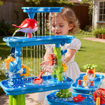 ZDRKWSM 3-Tier 4 Areas Water Table for Kids 3-5, Summer Outdoor Beach Sensory Activity Playset Kids Sand and Water Table Toys, Birthday Gifts for Boys and Girls 3 4 5 6 7 8
