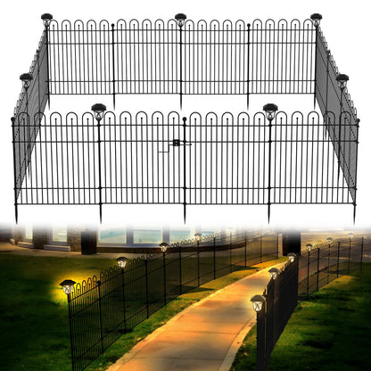 Garden Fence Animal Barrier with Lights & Gate, 32 in (H) x23.6ft (L) Decorative Garden Fence, 10 Panels No Dig, Rustproof Metal Temporary Fence, for Outdoor, Yard, Patio