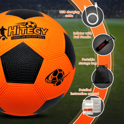 HITEGY Glow in The Dark Soccer Ball - Water-Resistant, Official Size 5, Light Up with Every Kick, Includes Pump, Manual & Extra Batteries - Perfect Soccer Gifts for Kids and Teen Boys