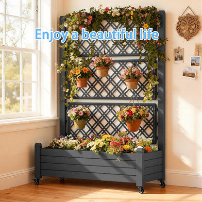 TimberAura 43" x 18" Planter Box with Trellis and Wheels, Large Raised Garden Bed with Cucumber Trellis for Climbing Plants, Outdoor Elevated Planter with Self-Watering & Drain Plug (Black)
