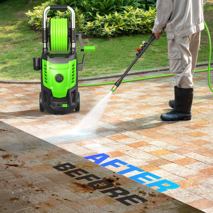4800PSI Electric Pressure Washer- 3.8GPM High Power Washer with 33FT Hose Reel, 4 Spray Tips and Soap Bottle for Car Washing, Fence Cleaning, Patio Maintenance（Upgraded） (Green)