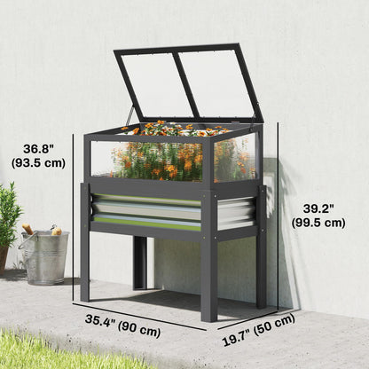 Outsunny Wooden Raised Garden Bed with Flip-Up Greenhouse Top, Raised Garden Bed with Legs and Bed Liner, Elevated Planter Box for Flowers, Vegetables, Herbs, Gray