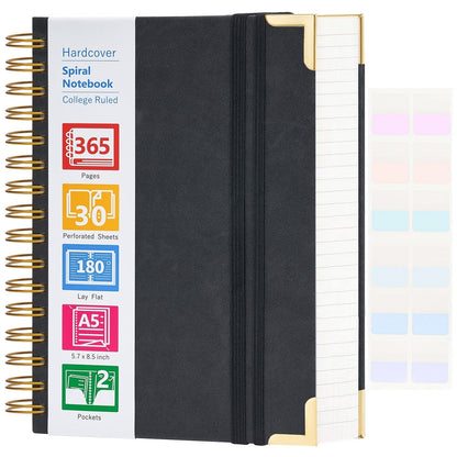 Spiral Notebook, 365 Page Hardcover Leather Notebook Journal, Large A5 Lined Journal for Women Men, College Ruled Notebooks for Work School, Journals for Writing, 24pcs Index Tabs, 5.5" x 8.5", Black