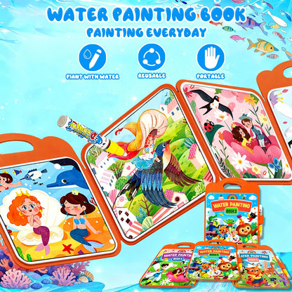Usmfuie 3 Pcs Reusable Water Painting Book for Toddlers, Water Coloring Books for Kids, Paint with Water Books, Magic Water Color Paint Book with Pen, Water Doodle Book Travel Toys