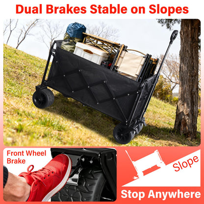 Collapsible Wagon Cart Foldable, 600LBS Beach Wagon with Big All-Terrain Wheels & Brakes, Heavy Duty Folding Utility Carts with Cup Holders for Garden, Camping, Sports, Groceries, Shopping